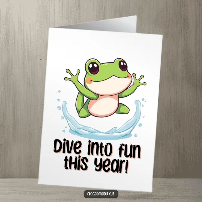 Funny Free Printable Frog Birthday Card showing a playful frog mid-splashy dive into water, full of energy.