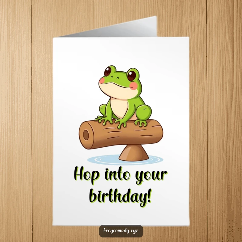 Funny free printable birthday card: A green frog comically balances on a spinning log, a delightful downloadable.