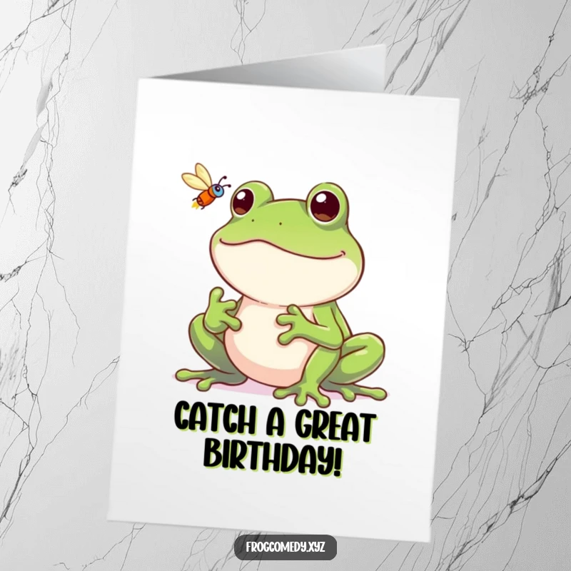 Funny Free Printable Birthday Card: A frog with a huge grin catching a fly with its tongue.
