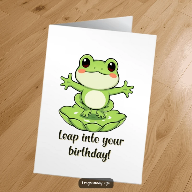 Funny Free Printable Birthday Card: A joyful frog character mid-air, excitedly jumping onto a lily pad.
