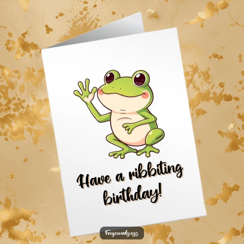 Funny Free Printable Birthday Card: Frog waving with exaggerated long legs, cartoon style, cheerful greeting.