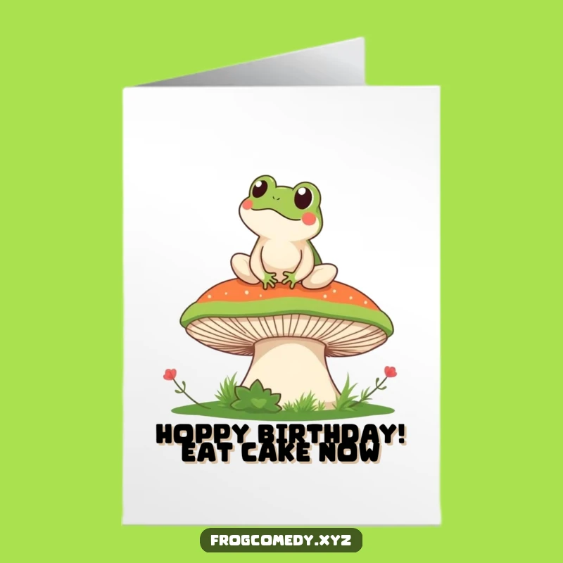 Free Printable Birthday Card: Kawaii Frog on Mushroom, Funny Downloadable Gift