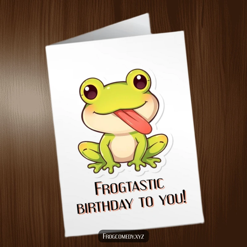 Funny Free Printable Birthday Card: A kawaii frog character sticking out its long, playful, and very sticky tongue.