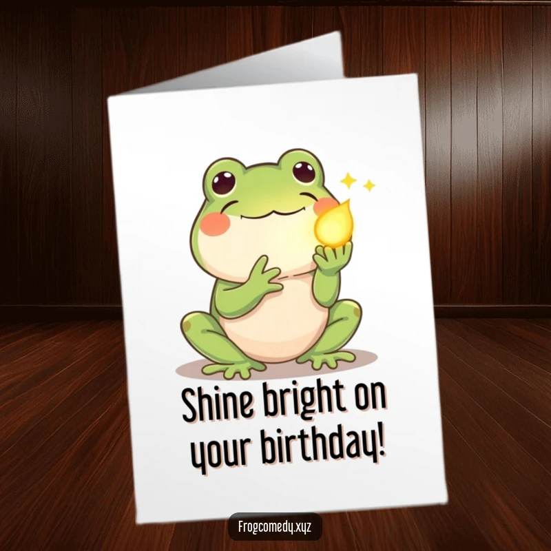Funny Free Printable Birthday Card: Shy kawaii frog gently offers a glowing firefly with kind eyes.