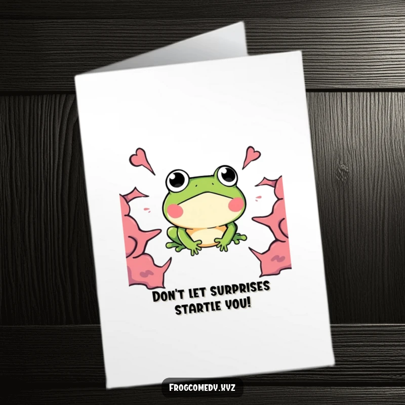 Funny Free Printable Birthday Card: A kawaii frog with wide eyes startled by an approaching 'BOOM' sound, downloadable card.