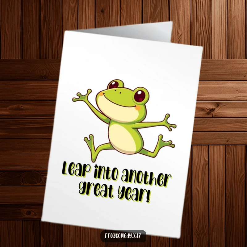 Funny Free Printable Frog Birthday Card: Goofy long-legged amphibian soaring mid-air with a wide smile, ready to deliver birthday wishes.