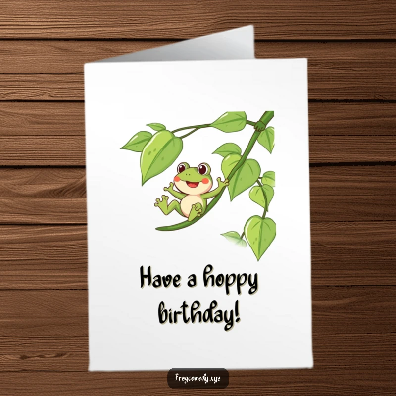 Funny Free Printable Birthday Card of a delighted frog sliding down a lush, leafy vine. A fun, adventurous downloadable gift.