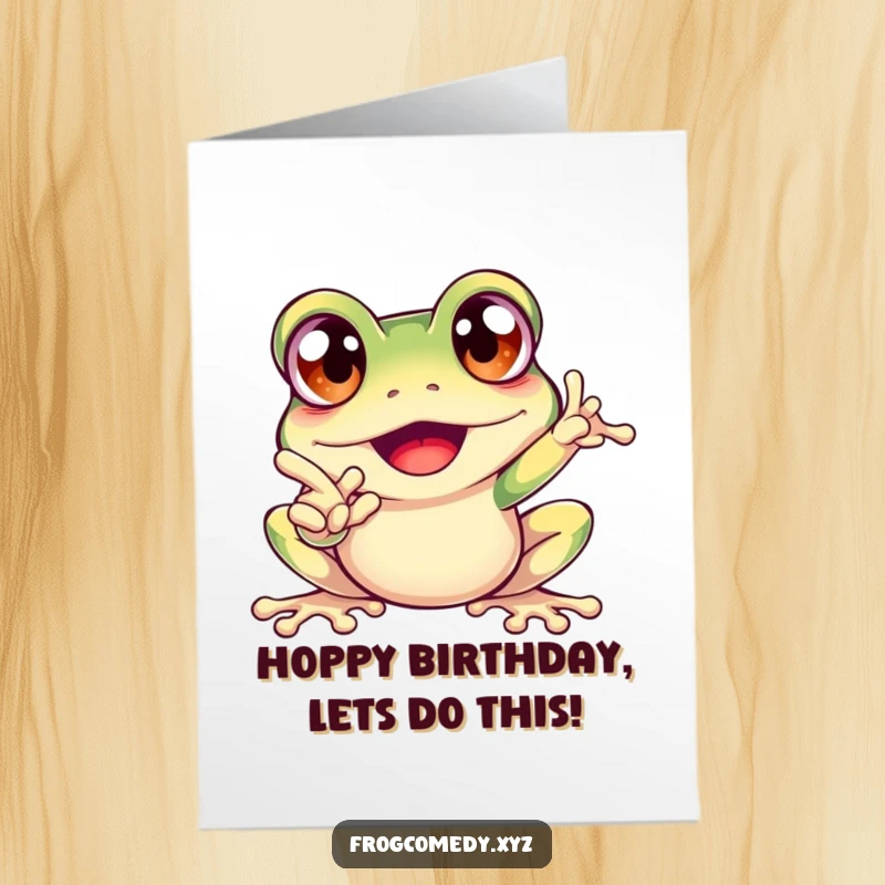 Funny Free Printable Birthday Card: An excited frog with bulging eyes points enthusiastically, wishing a happy birthday.