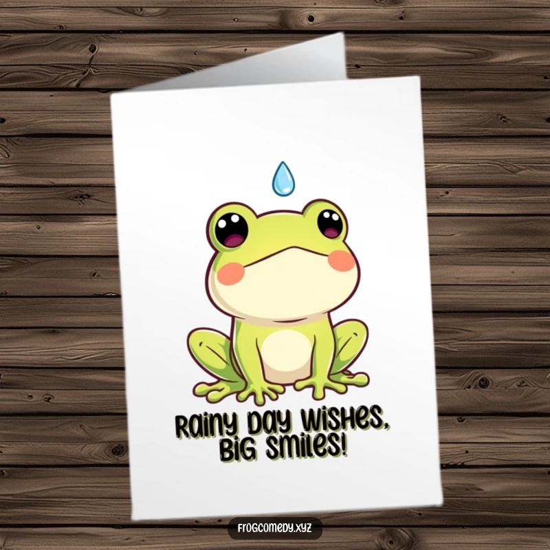 Funny Free Printable Birthday Card featuring a surprised Kawaii frog reacting to a single falling raindrop.