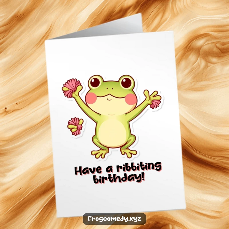 Funny Free Printable Kawaii Frog Birthday Card: A Kawaii frog character cheering with tiny pom-poms, celebrating a birthday.
