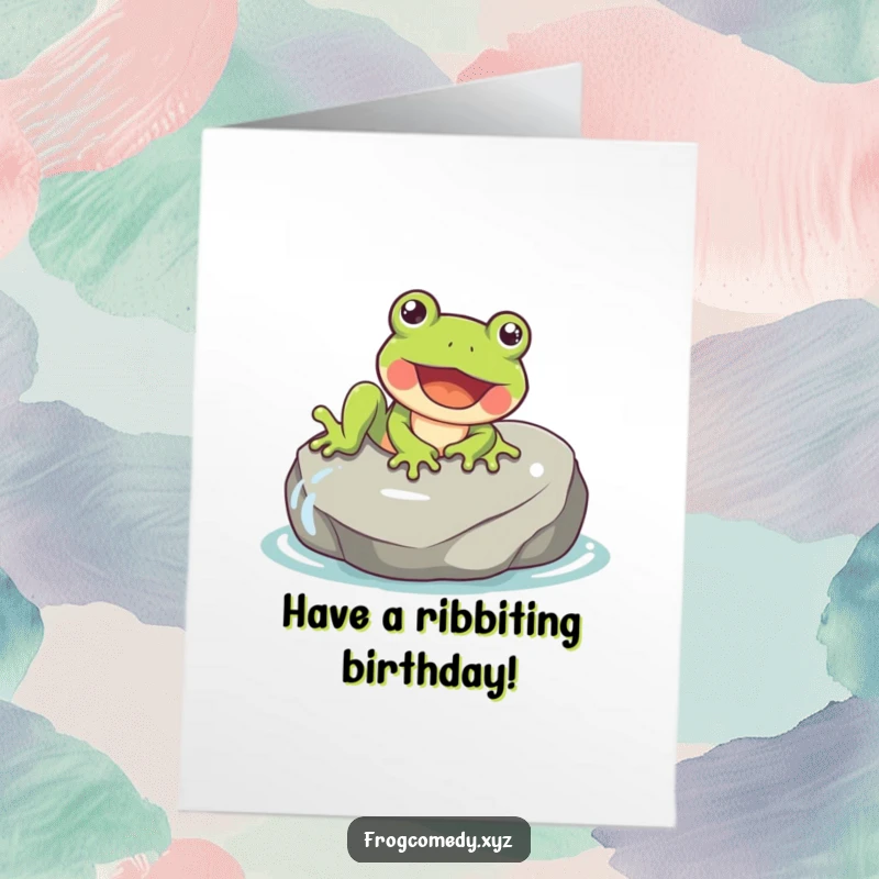 Funny Free Printable Birthday Card featuring a gleeful frog joyfully sliding down a wet rock with a huge smile.