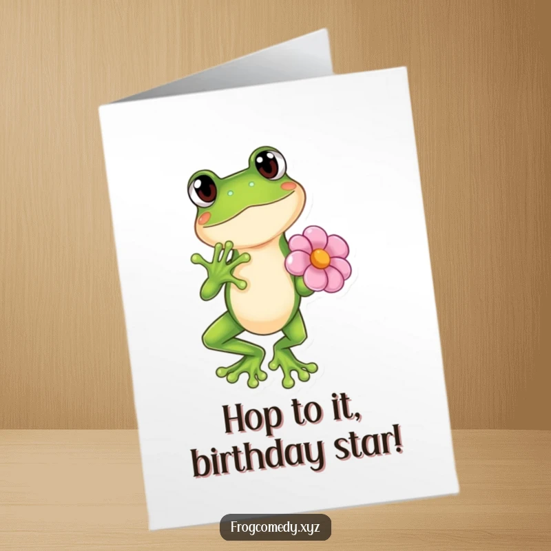 Funny Free Printable Birthday Card of a Kawaii frog striking a dramatic pose with a flower, ready to deliver birthday wishes.