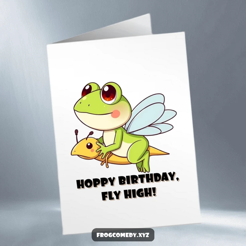 Funny Free Printable Birthday Card: A happy frog rides a friendly dragonfly, wishing a fun-filled birthday.