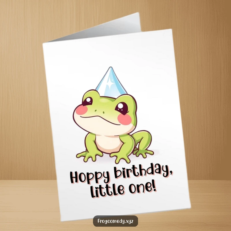 Funny Free Printable Birthday Card: A Kawaii frog peeks playfully from behind a sparkly, shimmering raindrop.
