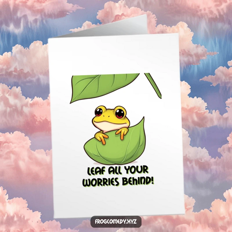 Funny Free Printable Frog Birthday Card featuring a curious frog peeking from behind a giant green leaf, ready to deliver wishes.