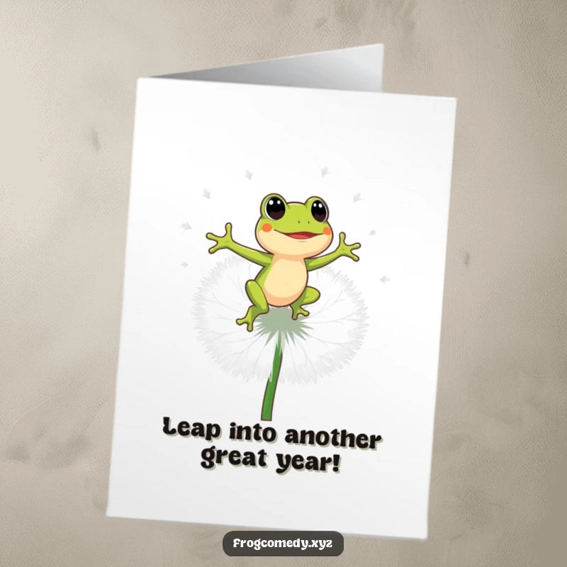 Funny Free Printable Birthday Card: An energetic frog character joyfully bounces high on a giant dandelion puff.