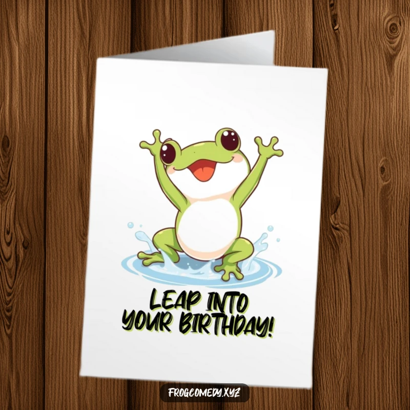 Free Printable Birthday Card: Cute kawaii frog doing a joyful somersault, creating a small splash.