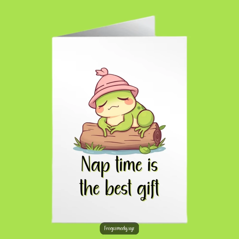 Free Printable Birthday Card: Sleepy Frog Hat Nap Funny Downloadable Gift