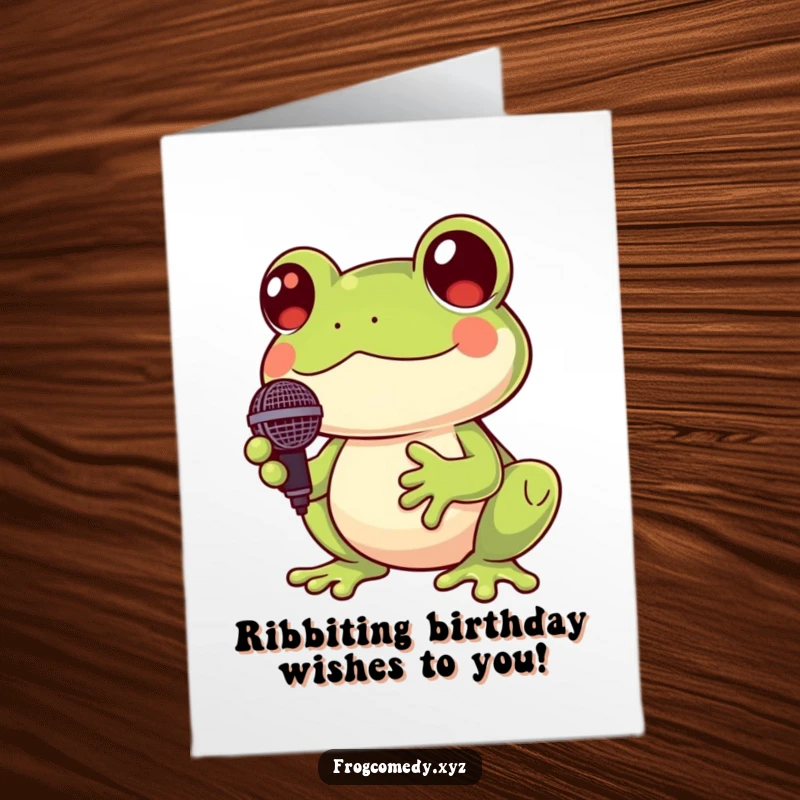 Funny Free Printable Birthday Card: A cute Kawaii frog holds a miniature microphone, croaking cheerfully with a song.