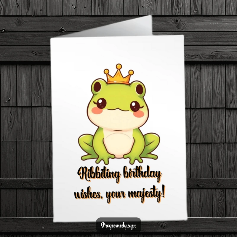 Funny Free Printable Birthday Card of a majestic kawaii frog wearing a tiny gold crown, looking down its nose with regal amusement.