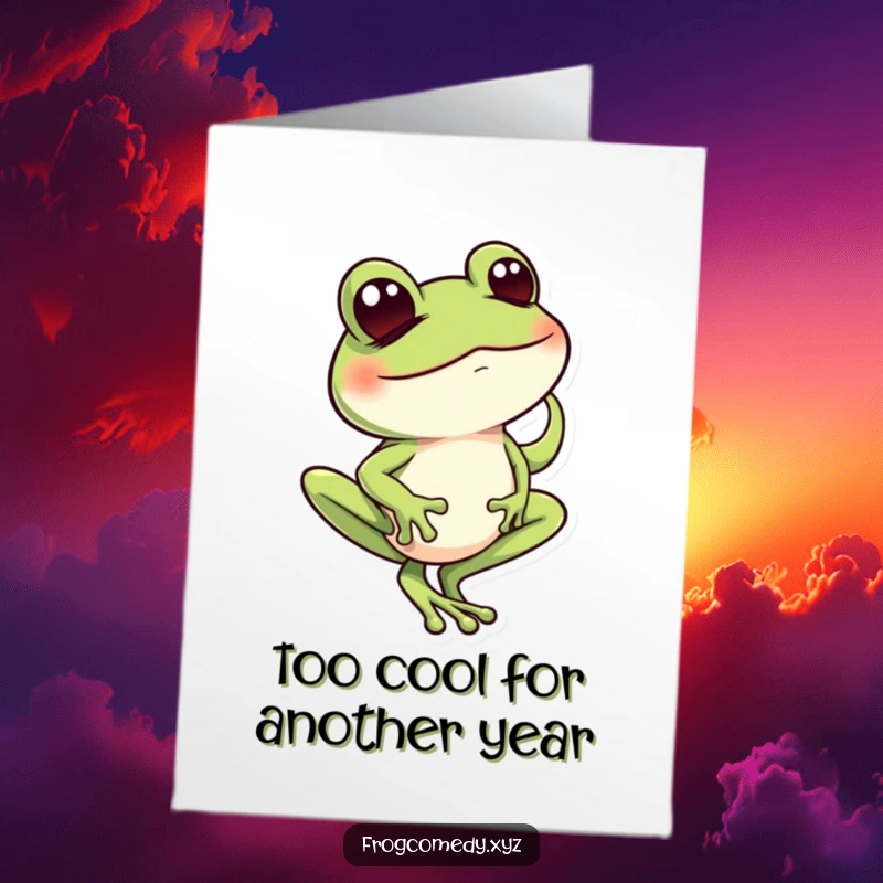 Funny Free Printable Birthday Card: Mischievous frog winking and balancing on one toe, ready to party.