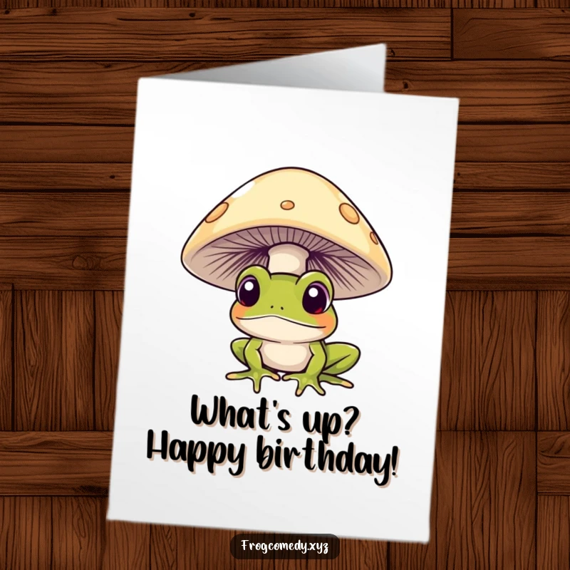 Funny Free Printable Birthday Card: A curious frog with big eyes peeks out playfully from beneath a large mushroom.