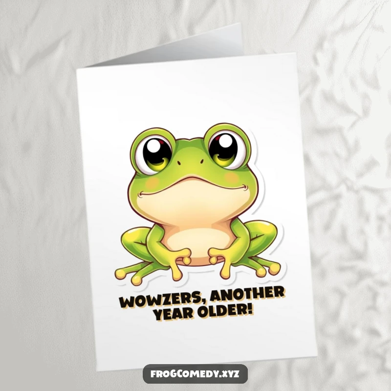Funny Free Printable Birthday Card: Kawaii frog with huge sparkling eyes looking up in awe, a unique download.