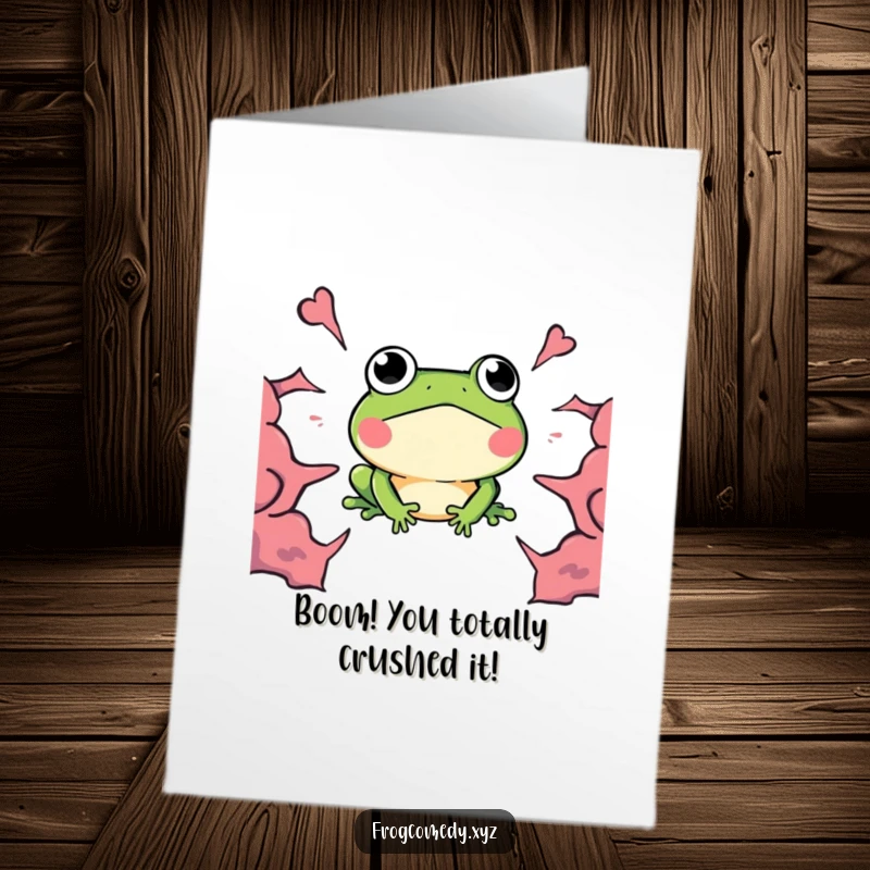 Funny Free Printable Congrats Card: A kawaii frog looking shocked at an approaching 'BOOM', perfect downloadable art.
