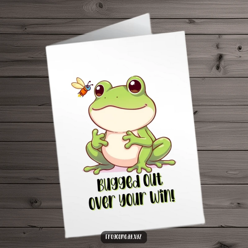 Funny Free Printable Congrats Card: A happy frog with a wide grin successfully catching a fly.