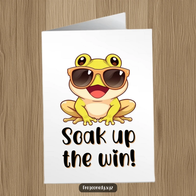 Funny Free Printable Congrats Card: Giggling frog in oversized sunglasses soaking up the sun, celebrating success.