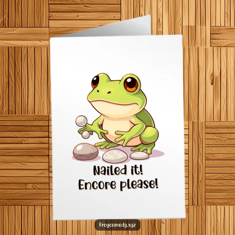 Funny Free Printable Congrats Card: Kawaii frog successfully juggling pebbles, celebrating a funny win.