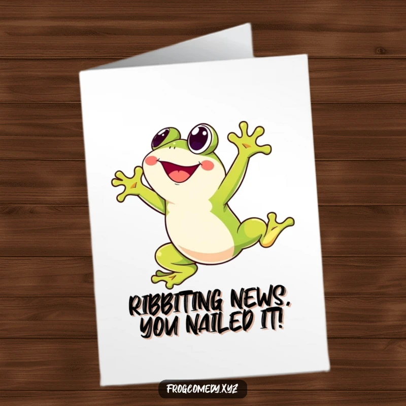 Funny Free Printable Congrats Card: Kawaii frog character leaping high, celebrating success, joyful greeting, downloadable.