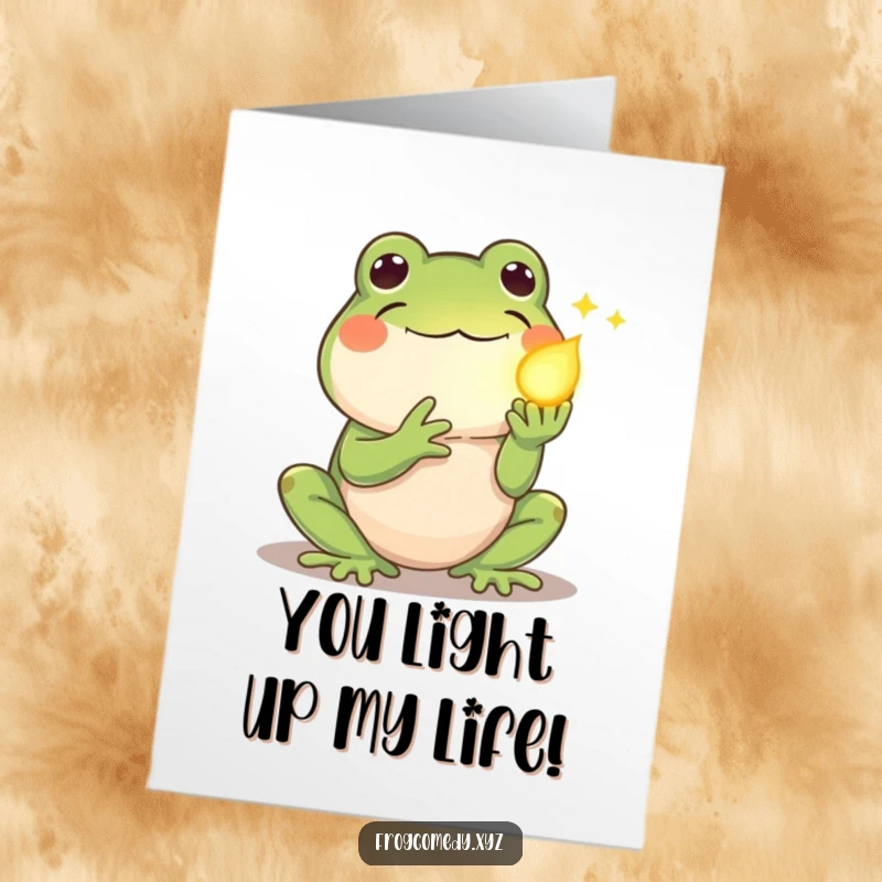 Funny Free Printable Congrats Card: Shy kawaii frog offers a soft glowing firefly, symbolizing congratulations.
