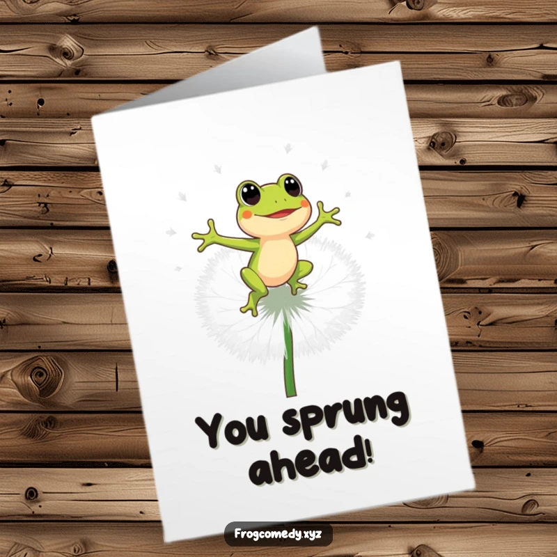 Funny Free Printable Congrats Card: An energetic frog bounces on a huge dandelion puff, celebrating your special win.