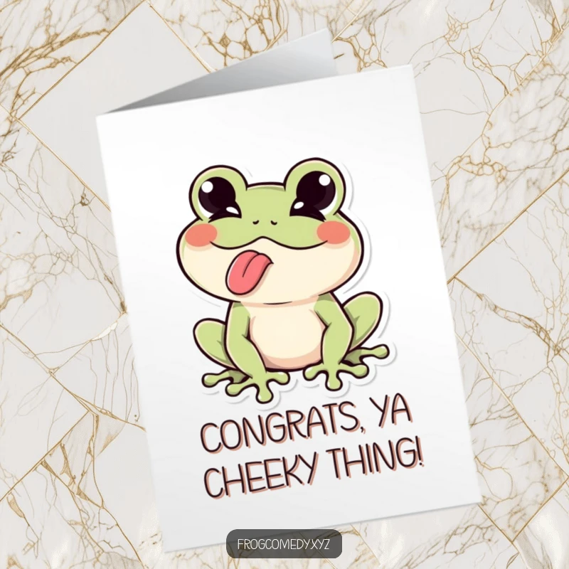 Funny Free Printable Congrats Card: A kawaii frog giving a playful wink while sticking its tongue out.