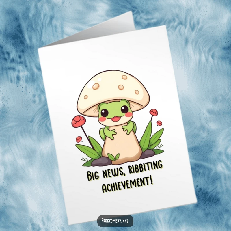 Funny Free Printable Congratulations Card: A Kawaii frog playfully peeks from behind a large mushroom.