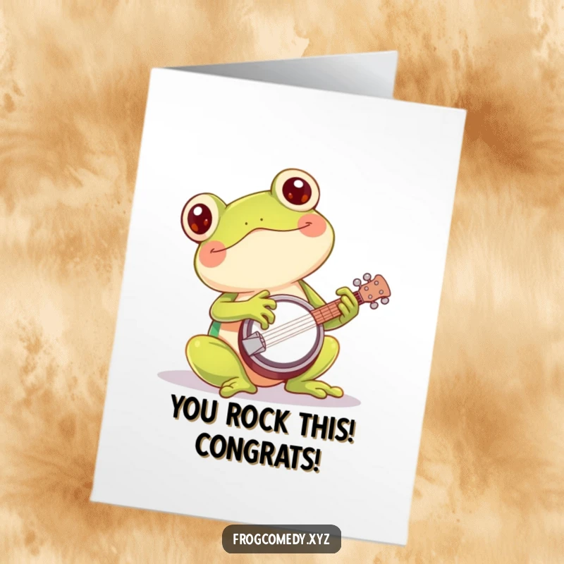 Funny Free Printable Congratulations Card: a joyful Kawaii frog strumming a banjo, celebrating accomplishments with music.