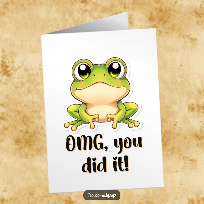 Funny Free Printable Congrats Card: Kawaii frog with oversized sparkling eyes, amazed by success, downloadable print.