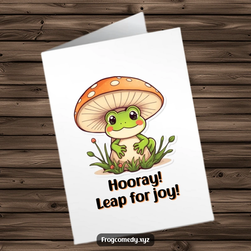 Funny Free Printable Kawaii Frog Congratulations Card: A cute frog peeking from behind a mushroom, celebrating a success.