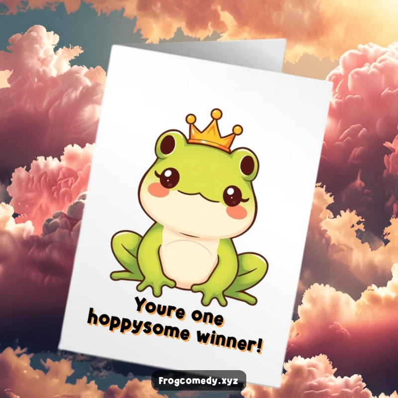 Funny Free Printable Congratulations Card featuring a majestic kawaii frog king wearing a small golden crown, looking proud and regal.