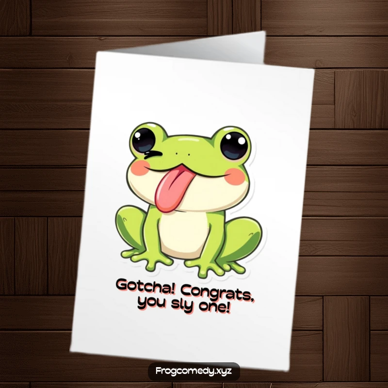 Funny Free Printable Congratulations Card: A winking Kawaii frog with its tongue out sends a playful, cheeky congratulations.