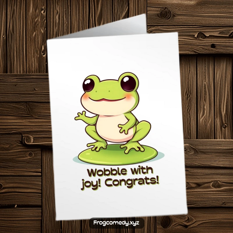 Funny Free Printable Congratulations Card: A Kawaii frog laughs uncontrollably while balancing on a lily pad, celebrating success with pure mirth.
