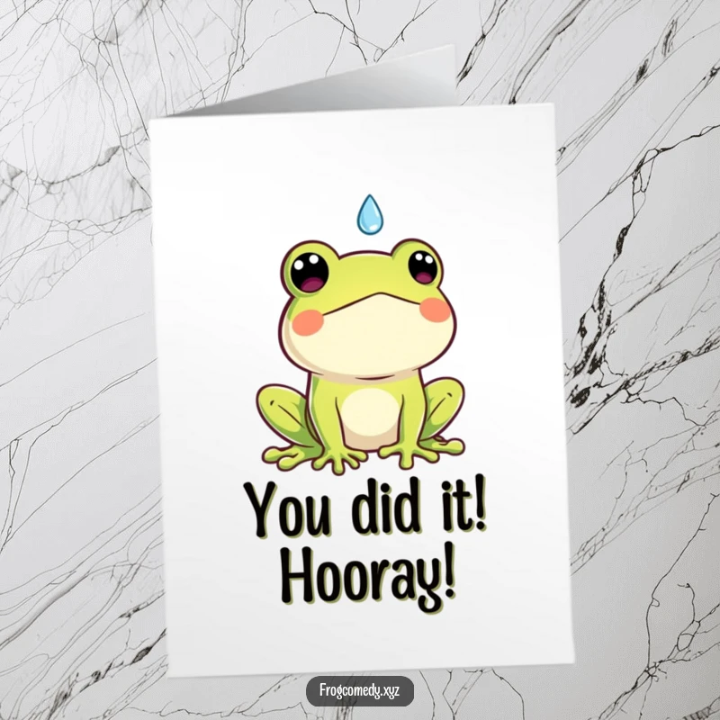 Funny Free Printable Congratulations Card showing a shocked Kawaii frog startled by a falling raindrop.
