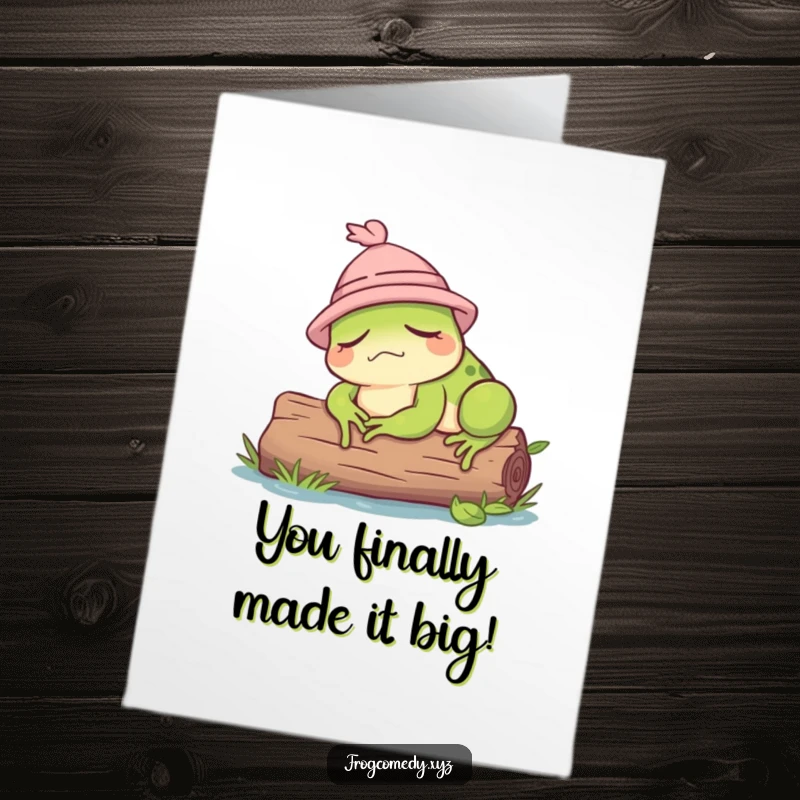 Funny Free Printable Congratulations Card showing a tiny-hatted frog napping on a log, a funny way to say congrats.