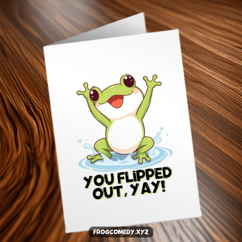 Free Printable Congratulations Card: A kawaii frog in mid-somersault, leaving a playful splash of water.