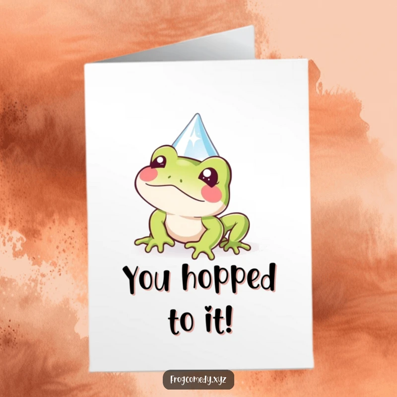 Funny Free Printable Congrats Card: A Kawaii frog peeks out shyly from behind a sparkly raindrop, offering congrats.