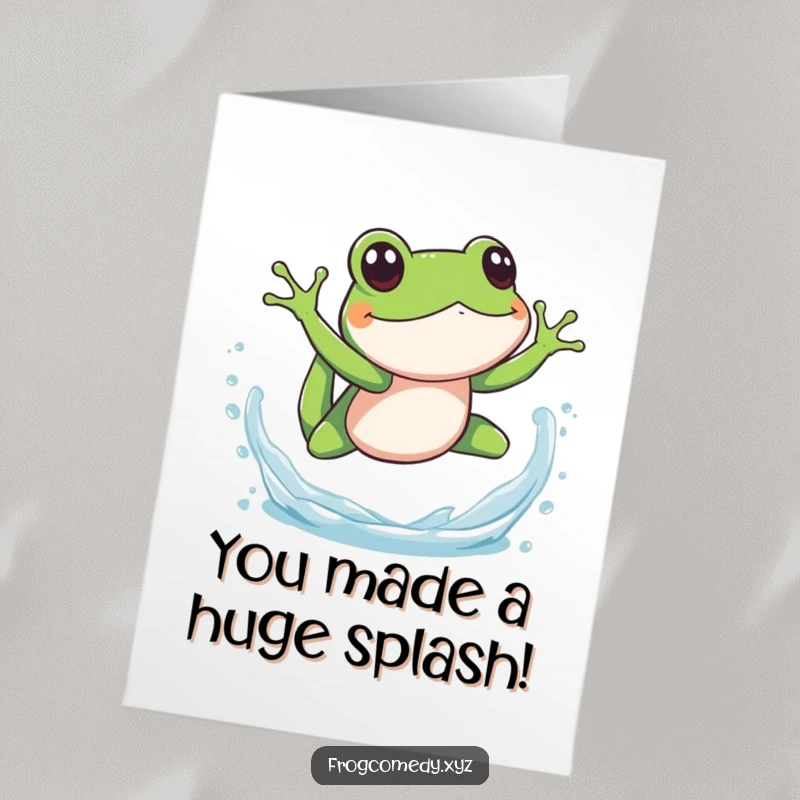 Funny Free Printable Frog Congratulations Card featuring a frog making a splashy dive, symbolizing a successful leap.