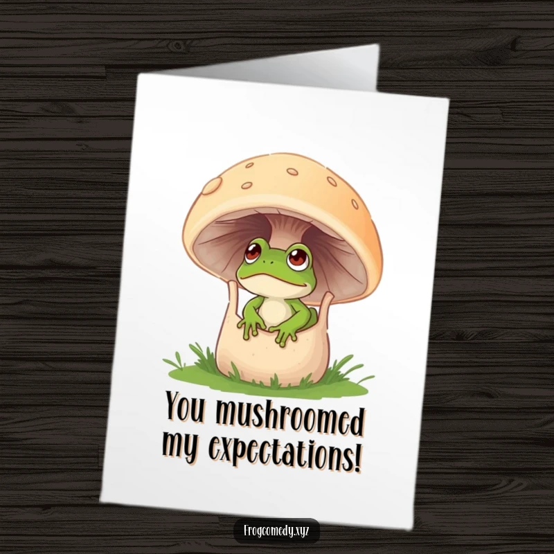 Funny Free Printable Congratulations Card: A curious frog peeks from the opening of a large, whimsical mushroom.