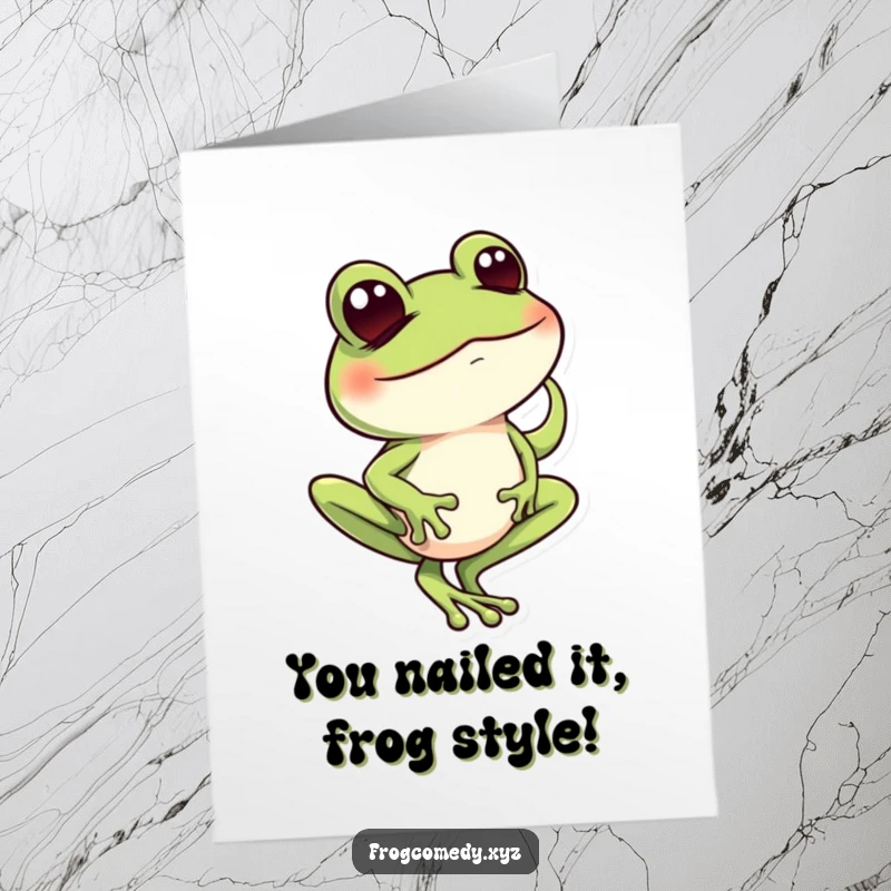Free Printable Congratulations Card: Cheeky frog winking and balancing on its toe, celebrating success with humor.