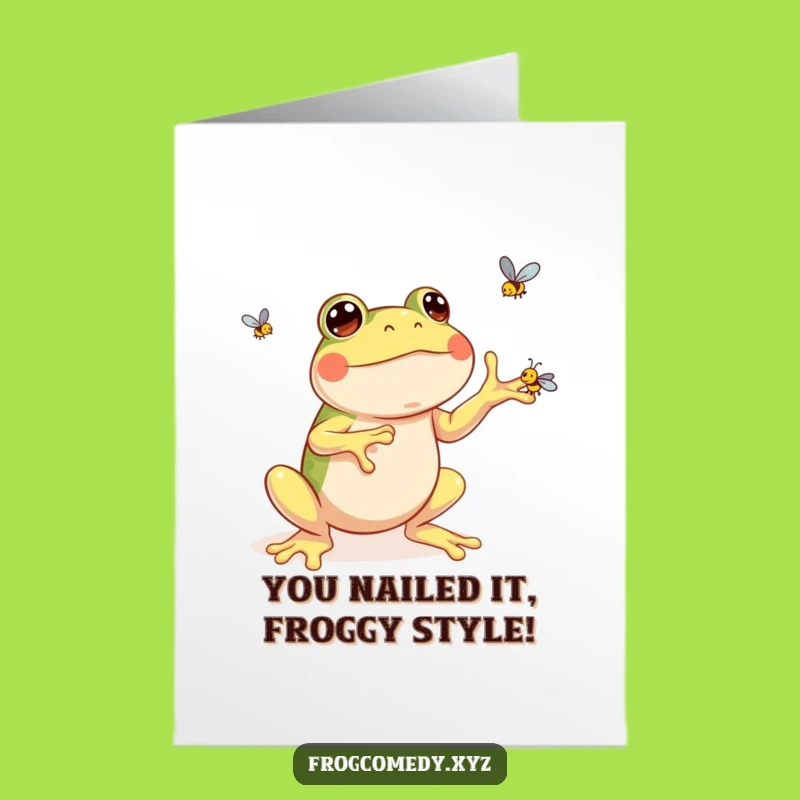 Free Printable Kawaii Frog Congrats Card: Hilarious Juggling Flies Downloadable Gift